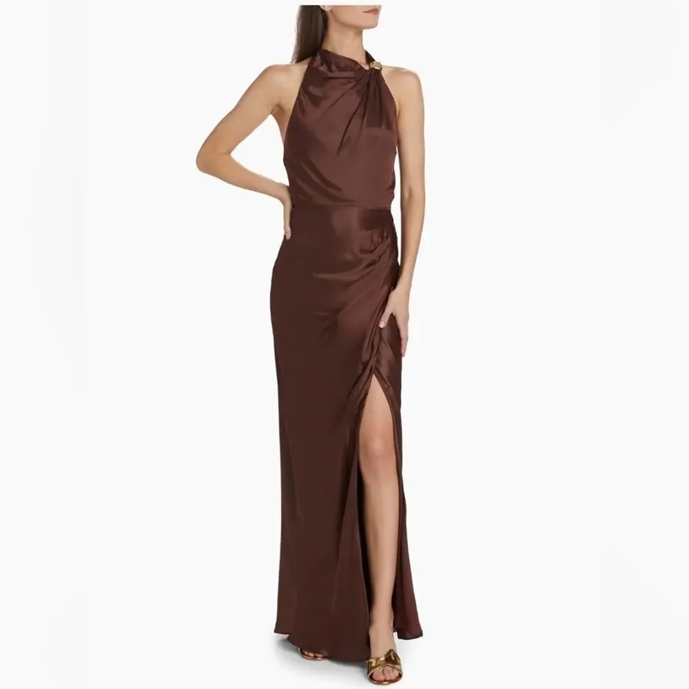 NICHOLAS Galilea High Neck Gold Trim Maxi Dress Espresso 6 - Picture 4 of 16